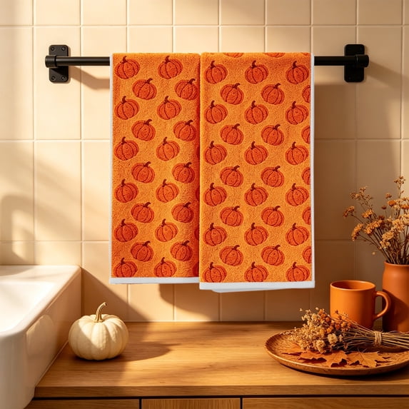 Fall Thanksgiving Kitchen Towels,Pumpkin Printed Soft Absorbent Dish Towels,Harvest Season Decorative Hand Towels For Kitchen Counter Home Decor,2Pcs.Orange