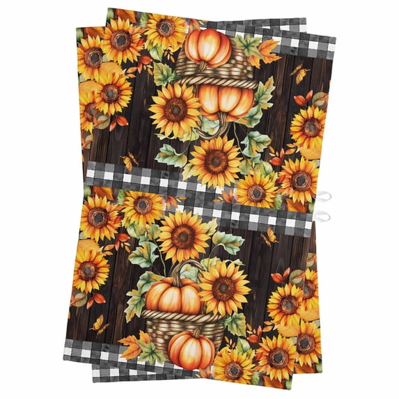 Fall Thanksgiving Kitchen Towels Set of 2, Water Absorbent Dish Towel, Orange Pumpkin Sunflowers Leaves Black Decorative Hand Towels - Quick Drying Cloth for Cooking Baking, 18x28 Inch