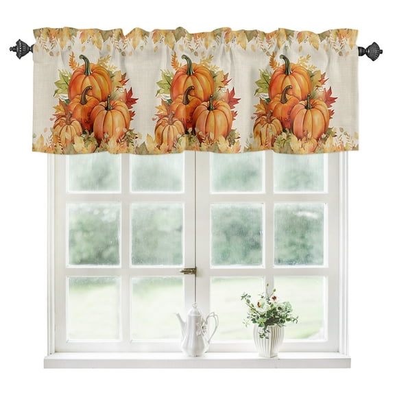 Fall Thanksgiving Kitchen Valances for Windows 42x12 Inch Kitchen Curtains Valances Rod Pocket Rustic Orange Pumpkin Harvest Maple Leaf Bathroom Window Valances for Window Treatment Decor