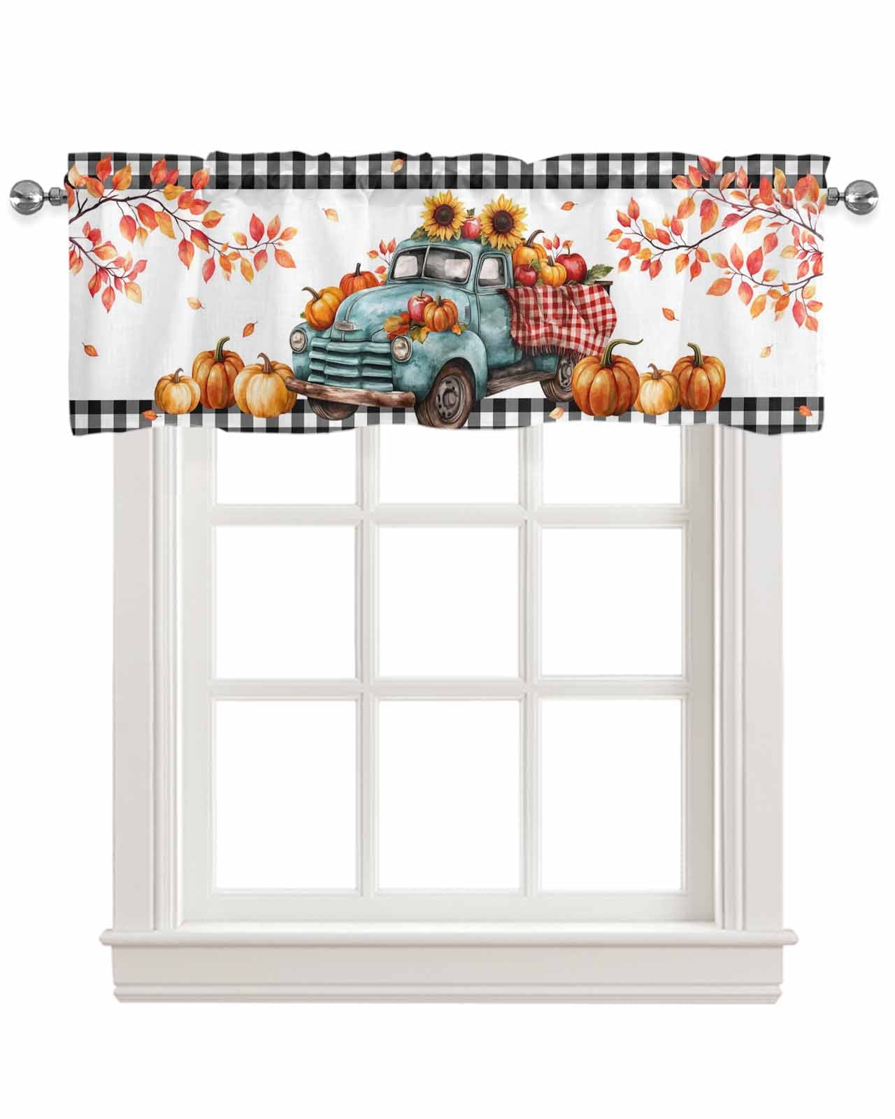 Fall Thanksgiving Kitchen Valances for Windows Farmhouse Linen Window Valance Curtain for Living Room Window Treatment Pumpkins Old Truck Branch Rustic Valance Rod Pocket Topper Drape, 42 x 18 Inch