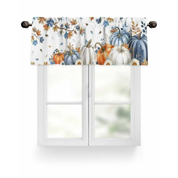 Fall Thanksgiving Kitchen Valances for Windows Orange Blue White Floral Pumpkins Maple Leaf Valance Curtains&nbsp; for Kitchen /Living Room/Bedroom/ Bathroom Decor, 54"x18 " ,Rod Pocket 1 Panel,
