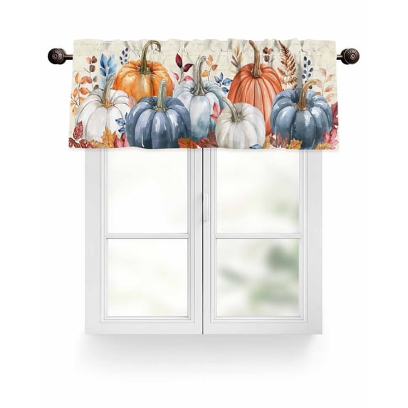 Fall Thanksgiving Kitchen Valances for Windows Orange Blue White Pumpkin Valance Curtains for Kitchen /Living Room/Bedroom/ Bathroom Decor, 54"x18 " ,Rod Pocket 1 Panel, Retro Leaf