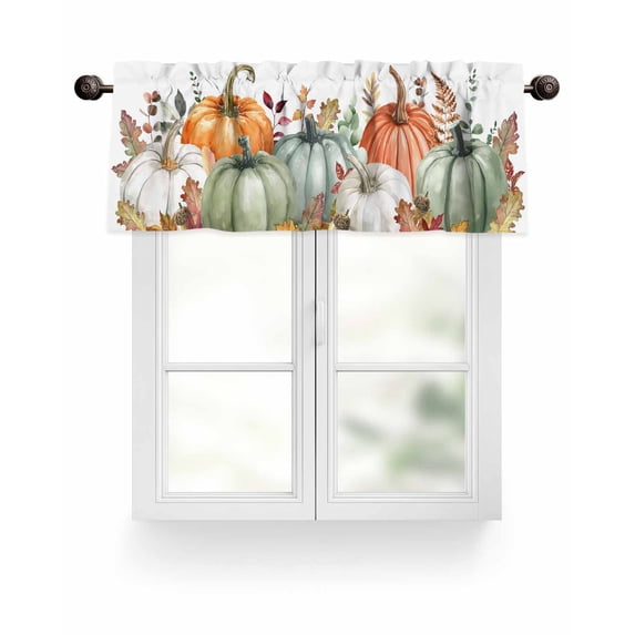 Fall Thanksgiving Kitchen Valances for Windows Orange Green White Pumpkin Valance Curtains for Kitchen /Living Room/Bedroom/ Bathroom Decor, 42"x12 " ,Rod Pocket 1 Panel, Retro Leaf