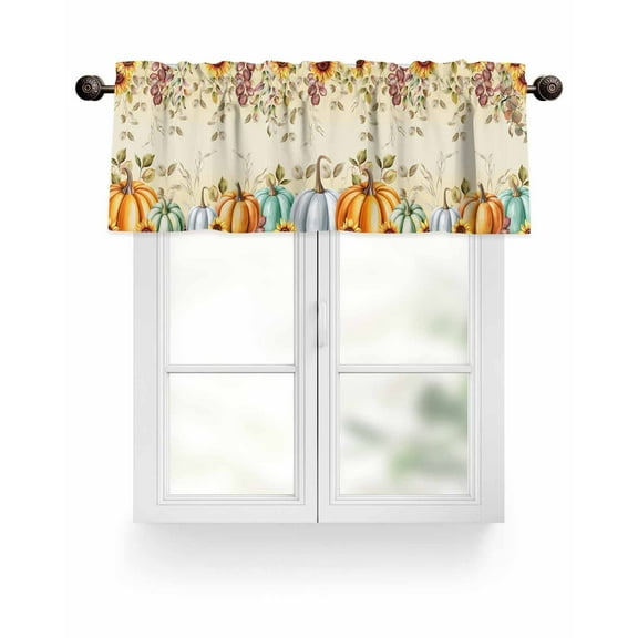 Fall Thanksgiving Kitchen Valances for Windows Orange Teal Green Pumpkins Valance Curtains&nbsp; for Kitchen /Living Room/Bedroom/ Bathroom Decor, 54"x18 " ,Rod Pocket 1 Panel, Retro Leaf Sunflower