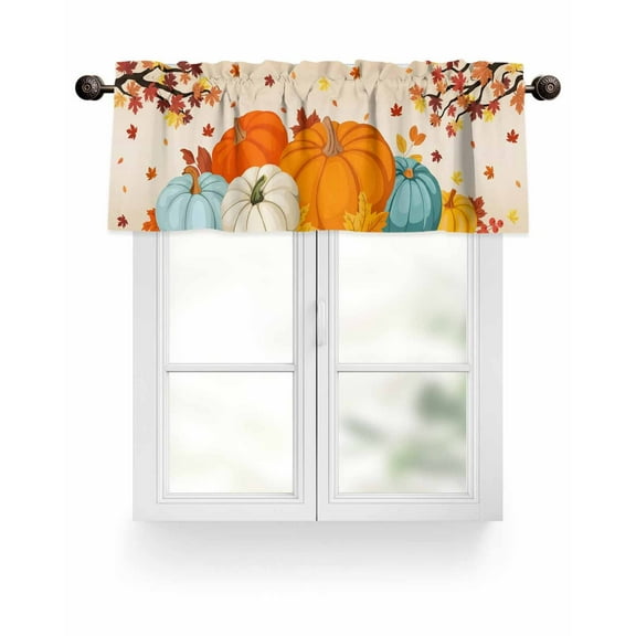 Fall Thanksgiving Kitchen Valances for Windows Orange Teal White Pumpkin Valance Curtains for Kitchen /Living Room/Bedroom/ Bathroom Decor, 54"x18 " ,Rod Pocket 1 Panel, Retro Maple Leaf
