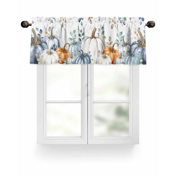 Fall Thanksgiving Kitchen Valances for Windows Orange White Blue Pumpkin Eucalyptus Leaf Valance Curtains&nbsp; for Kitchen /Living Room/Bedroom/ Bathroom Decor, 54"x18 " ,Rod Pocket 1 Panel,