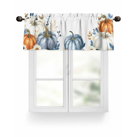 Fall Thanksgiving Kitchen Valances for Windows Orange White Blue Pumpkin Valance Curtains&nbsp; for Kitchen /Living Room/Bedroom/ Bathroom Decor, 54"x18 " ,Rod Pocket 1 Panel, Rustic Leaf Flower