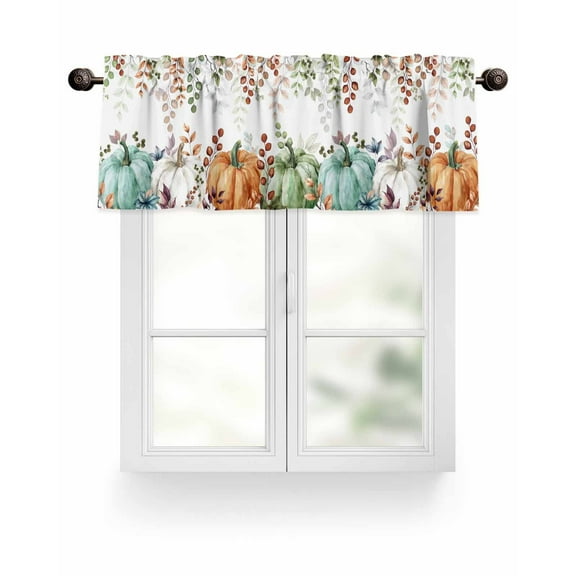 Fall Thanksgiving Kitchen Valances for Windows Orange White Green Pumpkin Leaf Valance Curtains&nbsp; for Kitchen /Living Room/Bedroom/ Bathroom Decor, 54"x18 " ,Rod Pocket 1 Panel,