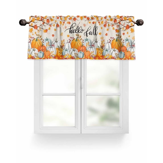 Fall Thanksgiving Kitchen Valances for Windows Orange White Teal Pumpkins Maple Leaf Valance Curtains for Kitchen /Living Room/Bedroom/ Bathroom Decor, 54"x18 " ,Rod Pocket 1 Panel, Linen