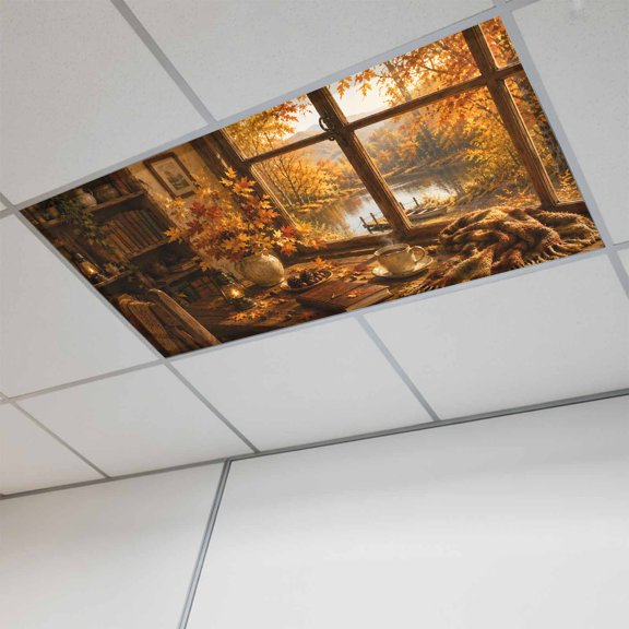Fall Thanksgiving Magnetic Fluorescent Light Covers for Ceiling Lights 2x4 Ft,Autumn Book Coffee Maple Leaves Trees Office Kitchen Drop Ceiling Light Covers Lighting Filters Shade Panel 1 Pack