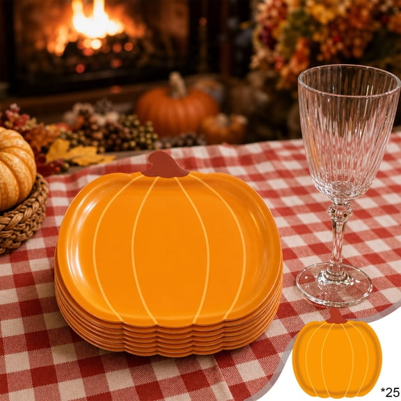 Fall Thanksgiving Maple Leaf Disposable Tableware Kit, 25pcs 7in Pumpkin Paper Plates, Thanksgiving Party Catering Decor