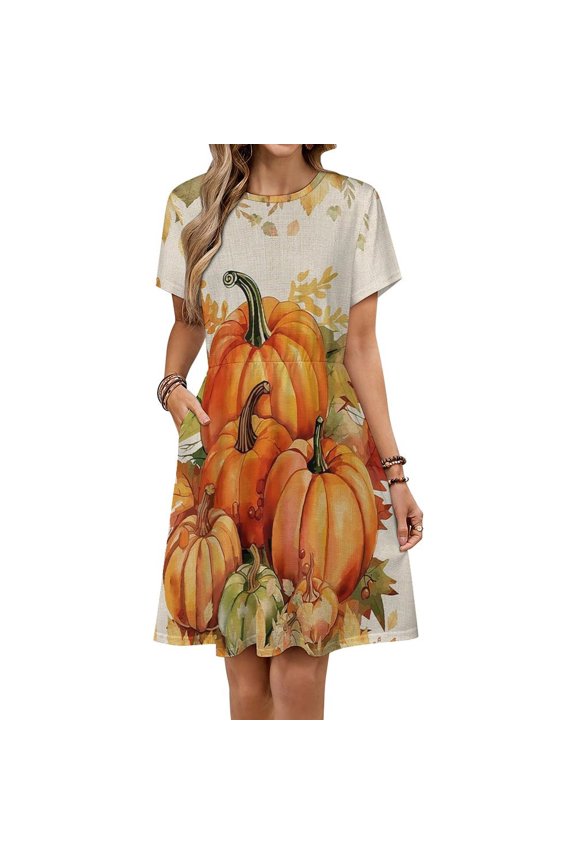 Fall Thanksgiving Maple Leaf Pumpkin Watercolor Sundress Short Sleeve Dress Summer Women Clothes Dress for Women Dresses