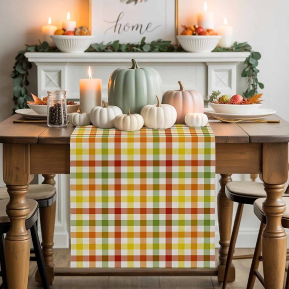 Fall Thanksgiving Orange Buffalo Plaid Table Runner 13x48in Non-Slip Cotton Linen Table Runners, Farmhouse Yellow Gingham Check Dresser Scarves TableRunner for Dinner Kitchen Dining Wedding Party