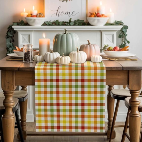 Fall Thanksgiving Orange Buffalo Plaid Table Runner 36 Inches Long,Table Runners Dresser Scarves Farmhouse Yellow Gingham Check Decorative Tabletop Scarf for Home Kitchen Dining Holiday Party Tables