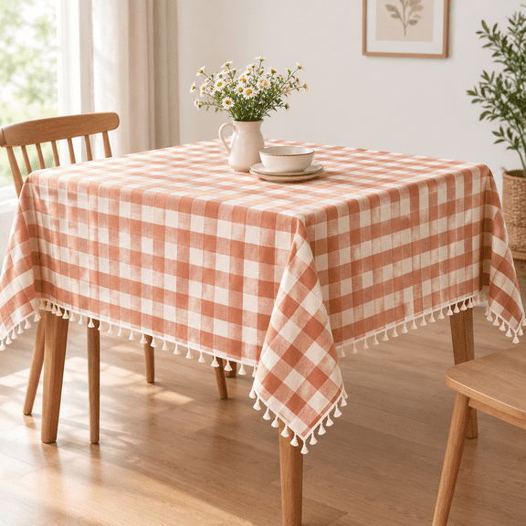 Fall Thanksgiving Orange Gingham Tablecloth Square 55"x55"