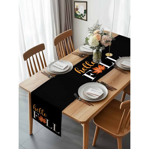 Fall Thanksgiving Orange Maple Leaf Watercolor Table Runner 13x70in Non-Slip Cotton Linen Table Runners, Black Back Dresser Scarves TableRunner for Dinner Kitchen Dining Wedding Party