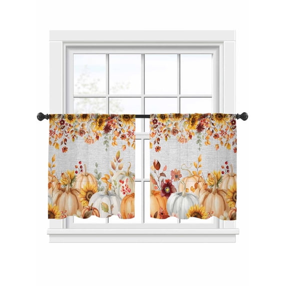 Fall Thanksgiving Orange Pumpkins Sheer Curtains 45 inches Long, Yellow Sunflower Leaf Grey Light Filtering Sheer Window Curtains Rod Pocket Voile Drapes for Bedroom Living Room, 2 Panels 52"W x 45"L