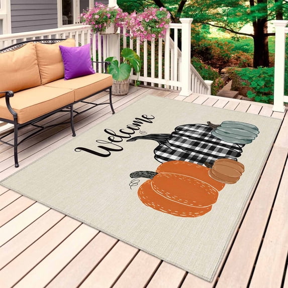 Fall Thanksgiving Outdoor Rug 4x6 Ft, Non Slip Washable Area Rug, Autumn Pumpkin Harvest Vintage Plaid Beige Patio Rugs Carpet Runner, Large Floor Mat for Indoor/Outdoor Deck Porch Camping