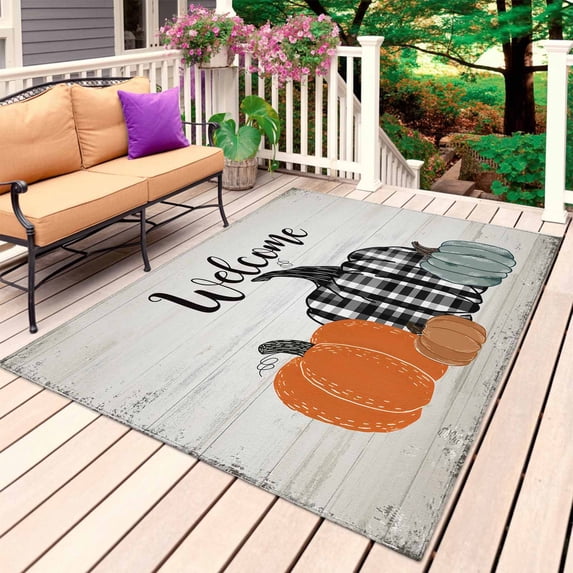 Fall Thanksgiving Outdoor Rug 5x7 Ft, Non Slip Washable Area Rug, Autumn Pumpkin Harvest Plaid Retro Art Patio Rugs Carpet Runner, Large Floor Mat for Indoor/Outdoor Deck Porch Camping