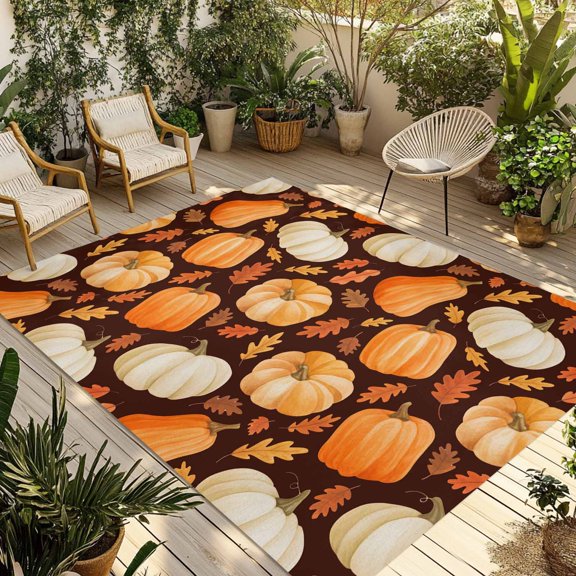 Fall Thanksgiving Outdoor Rug for Patio/Deck/Porch, Non-Slip Large Area Rug 4 x 6 Ft, Orange White Pumpkin Maple Leaf Brown Indoor Outdoor Rugs Washable Area Rugs, Camping Rug Carpet Runner