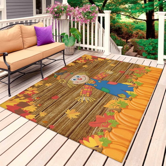 Fall Thanksgiving Outdoor Rug for Patio/Deck/Porch, Non-Slip Large Area Rug 5 x 7 Ft, Straw Man Pumpkins Autumn Leaves Country Indoor Outdoor Rugs Washable Area Rugs, Camping Rug Carpet Runner