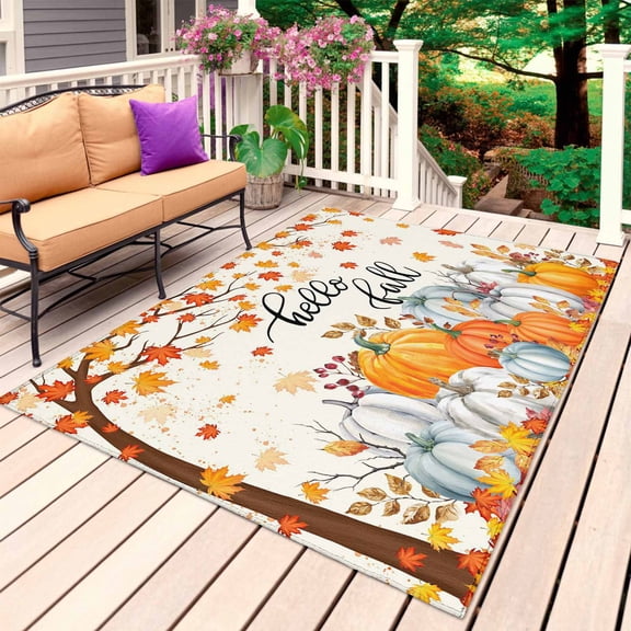 Fall Thanksgiving Outdoor Rug for Patio/Deck/Porch, Non-Slip Large Area Rug 6 x 9 Ft, Orange White Pumpkin Maple Leaf Indoor Outdoor Rugs Washable Area Rugs, Reversible Camping Rug Carpet Runner