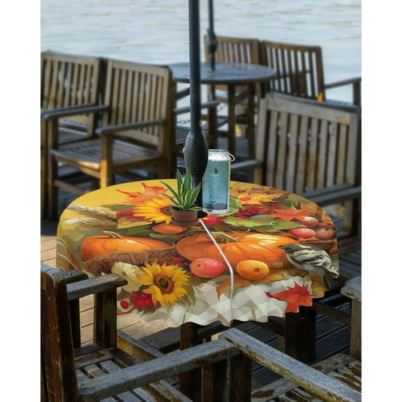 Fall Thanksgiving Outdoor Tablecloth - 54x54 Inch Square Table Cover, Pumpkins Birds Sunflower Oil Painting Waterproof Outdoor Table Cloth with Umbrella Hole & Zipper for Picnic/Patio