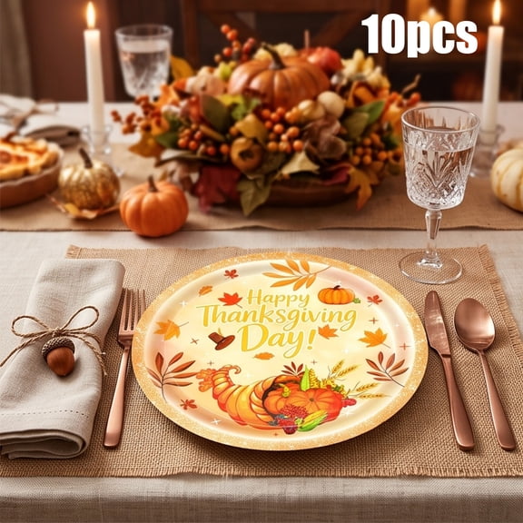 Fall Thanksgiving Paper Plates 7 Inch 10 Pack, Pumpkin Maple Leaf Disposable Dinnerware for Holiday Party Table Decor