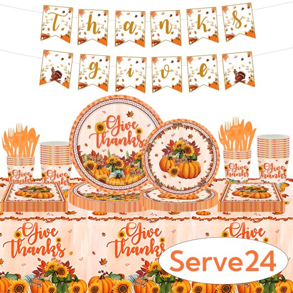Thanksgiving Serveware Fall Paper Plates and Napkins Fall Party Supplies Autumn Plates Disposable Pumpkin Tableware Tablecloth Banner for Harvest Table Decor Serve 24 Design2