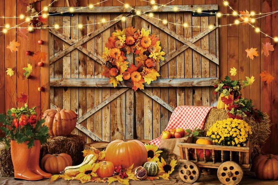 10x8ft Fall Window Photography Backdrop - Autumn Forest Scene With Pumpkins, Maple Leaves, Rustic Barn Door