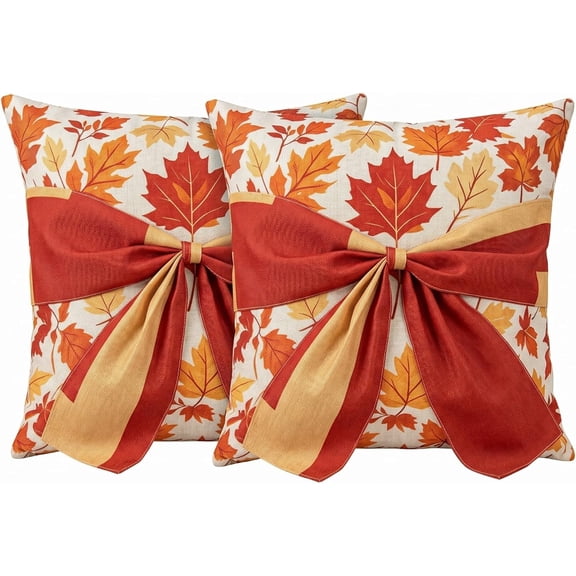 Fall Thanksgiving Pillow Covers 18x18inch Set of 2, Halloween Maple Leaf Bow Decorative Throw Pillow Covers, Autumn Harvest Farmhouse Cushion Cases for Home Couch Sofa