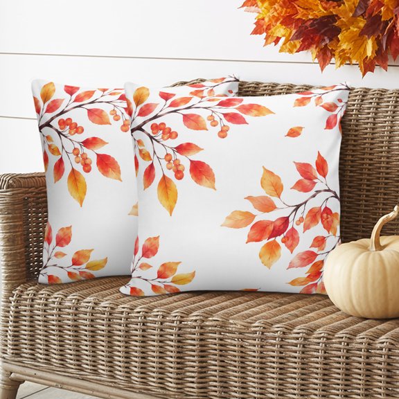 Fall Thanksgiving Pillow Covers 2 Pack Rustic Orange Rowan Leaf Berry Tree Branch Pillowcase Waterproof Outdoor Throw Pillow Cover for Patio Garden Balcony Decorative Square Cushion 16"x16"
