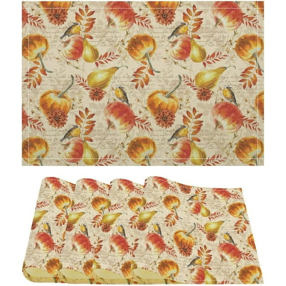 Fall Thanksgiving Placemat Set of 4,Vintage Mid-Century Watercolor Art Pumpkin Floral Leaf Holiday Decor Prints Table Mats for Home Dining Table Kitchen Party Decor 4PCS