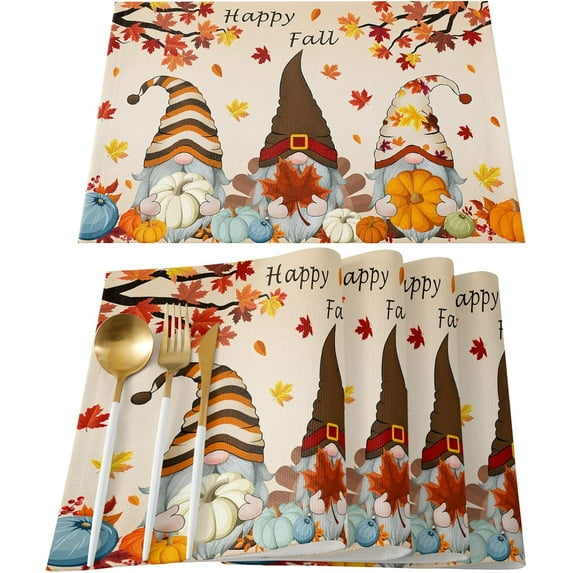 Fall Thanksgiving Placemats Pumpkin Gnome Place Mats for Dining Room Dinner Table Maple Leaf Washable Table Mats Kitchen Decorations Set of 4