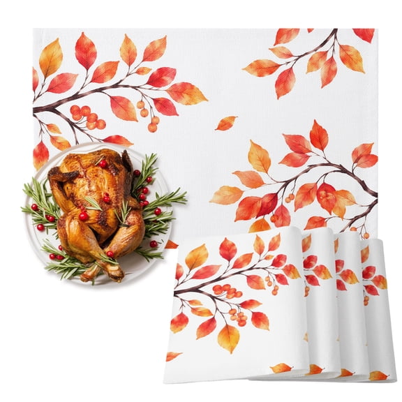 Fall Thanksgiving Placemats Set of 2, Rustic Orange Rowan Leaf Berry Tree Branch Heat Insulated Linen Place Mats, Washable Stain-Proof Table Mats for Dining Tables Holiday Decor 13x19 Inches
