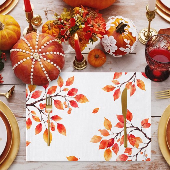 Fall Thanksgiving Placemats Set of 2, Rustic Orange Rowan Leaf Berry Tree Branch Non-Slip Place Mats Washable Table Mats for Kitchen Dining Table Decorations Indoor/Outdoor