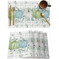 thumbnail image 1 of Fall Thanksgiving Placemats Set of 4, Autumn Pumpkins Eucalyptus Leaves Heat Resistant Dining Table Mats Fall Holiday Farmhouse Decor for Kitchen&Linens Outdoor Indoor, White Blue Green Gray Plaid, 1 of 6