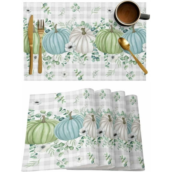 Fall Thanksgiving Placemats Set of 6, Autumn Pumpkins Eucalyptus Leaves Heat Resistant Dining Table Mats Fall Holiday Farmhouse Decor for Kitchen&Linens Outdoor Indoor, White Blue Green Gray Plaid