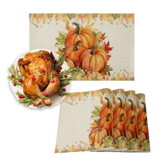 Fall Thanksgiving Placemats Set of 6, Rustic Orange Pumpkin Harvest Maple Leaf Placemats for Dining Table, Place Mats for Kitchen Tabletop, Waterproof Wipeable Dining Table Mats Set
