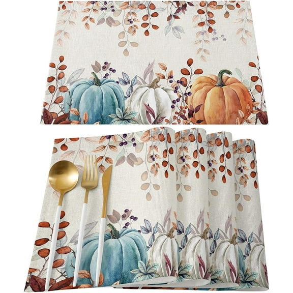 Fall Thanksgiving Placemats Set of 6, Watercolor Autumn Pumpkins Eucalyptus Leaves Heat Resistant Washable Linen Table Place Mats Party Holiday Decor for Home Kitchen Dining Outdoor Indoor,Blue Orange