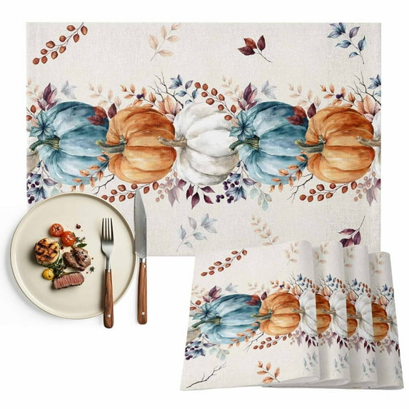 Fall Thanksgiving Placemats Set of 6 Watercolor Pumpkin Leaf Linen Texture Heat Insulated Linen Place Mats, Washable Stain-Proof Table Mats for Dining Tables Holiday Decor 13x19inch