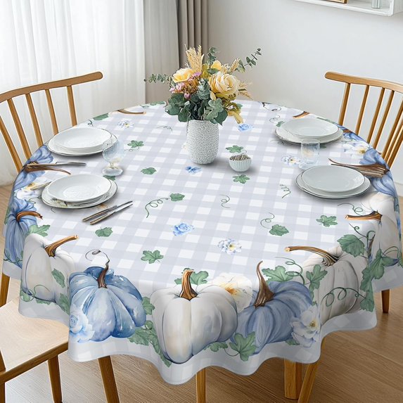 Fall Thanksgiving Plaid Blue Pumpkin Flower Tablecloth for Autumn Harvest ,Round 60x60 Inch