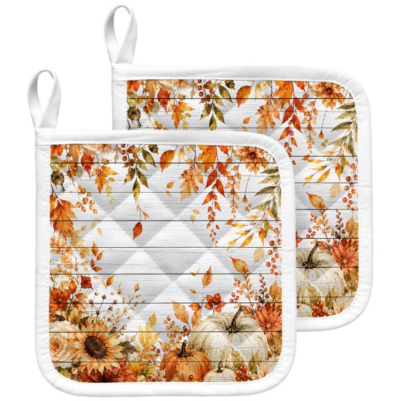 Fall Thanksgiving Pot Holders for Kitchen Heat Insulation Potholder,Kitchen Pot Holders Sets Washable Oven Hot Pads Terry Cloth Trivet for Cooking Farmhouse Pumpkin Maple Leaf Flower Wood 2 Pack