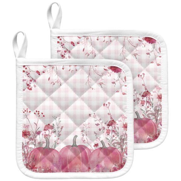 Fall Thanksgiving Pot Holders for Kitchen Heatproof Potholder, 2 Pack Autumn Pink Pumpkins Maple Leaf Plaid Hot Pads Multipurpose Oven Pads Terry Cloth Potholders Trivet for Cooking and Baking