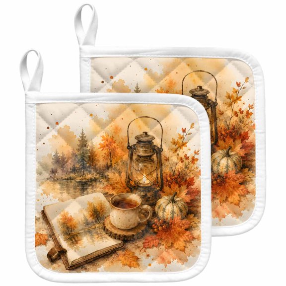 Fall Thanksgiving Pot Holders for Kitchen Heatproof Potholder, 2 Pack Country Orange Pumpkin Maple Leaves Tree Hot Pads Multipurpose Oven Pads Terry Cloth Potholders Trivet for Cooking and Baking