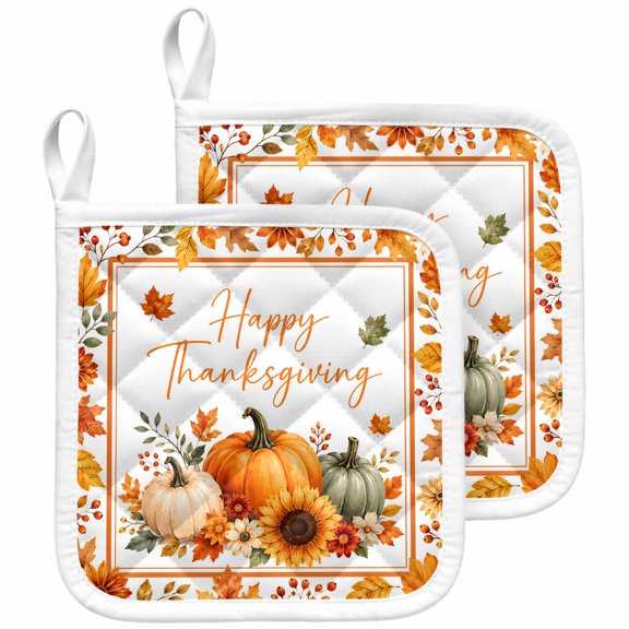 Fall Thanksgiving Pot Holders for Kitchen Heatproof Potholder, 2 Pack Green Orange Pumpkin Maple Leaf Rustic Hot Pads Multipurpose Oven Pads Terry Cloth Potholders Trivet for Cooking and Baking