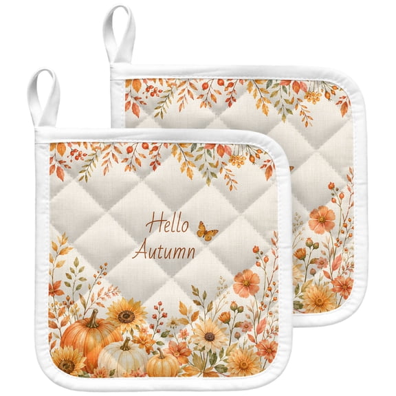Fall Thanksgiving Pot Holders for Kitchen Heatproof Potholder, 2 Pack Orange Pumpkin Botanical Leaf Rustic Beige Hot Pads Multipurpose Oven Pads Terry Cloth Potholders Trivet for Cooking and Baking