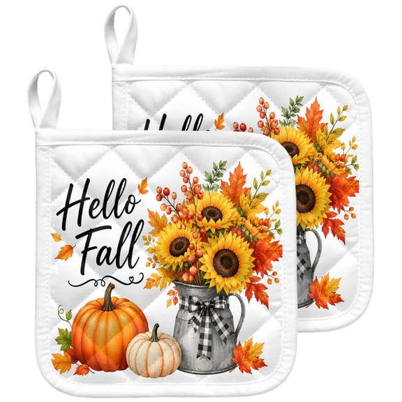 Fall Thanksgiving Pot Holders for Kitchen Heatproof Potholder, 2 Pack White Orange Pumpkin Leaf Flower Autumn Hot Pads Multipurpose Oven Pads Terry Cloth Potholders Trivet for Cooking and Baking