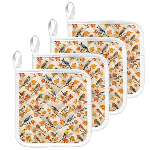Fall Thanksgiving Pot Holders for Kitchen Heatproof Potholder, 4 Pack Autumn Maple Leaves Birds Rustic Beige Hot Pads Multipurpose Oven Pads Terry Cloth Potholders Trivet for Cooking and Baking