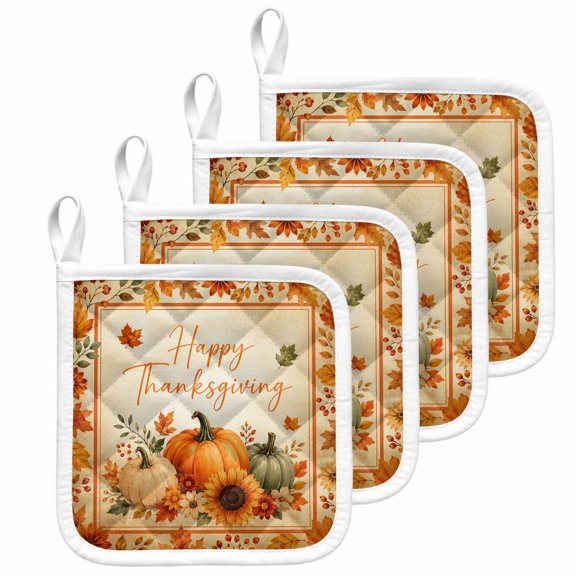 Fall Thanksgiving Pot Holders for Kitchen Heatproof Potholder, 4 Pack Orange Green Pumpkin Maple Leaf Beige Hot Pads Multipurpose Oven Pads Terry Cloth Potholders Trivet for Cooking and Baking